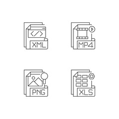 File types pixel perfect linear icons set. XML. MP4. PNG. XLS. Spreadsheet, video, raster image files. Customizable thin line contour symbols. Isolated vector outline illustrations. Editable stroke