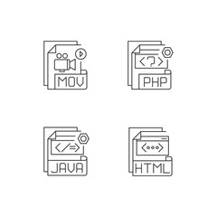 File types pixel perfect linear icons set. MOV. PHP. JAVA. HTML. Video, web, executable files. Customizable thin line contour symbols. Isolated vector outline illustrations. Editable stroke