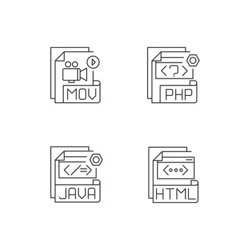 File types pixel perfect linear icons set. MOV. PHP. JAVA. HTML. Video, web, executable files. Customizable thin line contour symbols. Isolated vector outline illustrations. Editable stroke