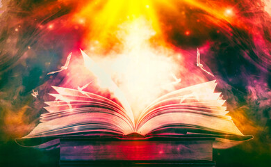 Imagine a picture book of an ancient book opened on a wooden table with a sparkling golden background. With magical power. magic. lightning around a glowing glowing book In the room of darkness
