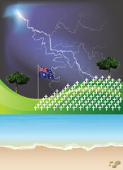 Australian war grave headstones on a foreign shoreline set against a dramatic thunderstorm sky