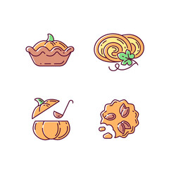 Autumn dishes recipes RGB color icons set. Tasty pumpkin pie, homemade soup, delicious cookies and roll. Vegetarian food and desserts. Isolated vector illustrations