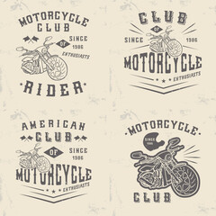 Set of vintage prints with motorcycles on a worn paper background. Vector illustration for printing on t-shirts, posters, banners on the theme of bikers.