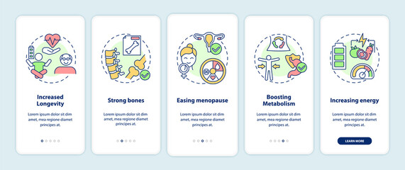 Vegetarianism pros onboarding mobile app page screen with concepts. Opportunities to be vegetarian walkthrough 5 steps graphic instructions. UI vector template with RGB color illustrations