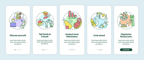Becoming a vegetarian tips onboarding mobile app page screen with concepts. Vegeterian advices walkthrough 5 steps graphic instructions. UI vector template with RGB color illustrations