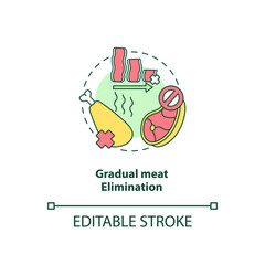 Gradual meat elimination concept icon. No meat in eating plan. Healthy meals. Becoming a vegetarian tips idea thin line illustration. Vector isolated outline RGB color drawing. Editable stroke