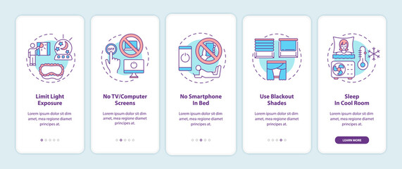 Good sleep recommendation onboarding mobile app page screen with concepts. Better dreaming walkthrough 5 steps graphic instructions. UI vector template with RGB color illustrations