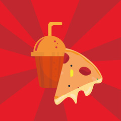 Slice of pizza and soda glass. Italian fast food - Vector