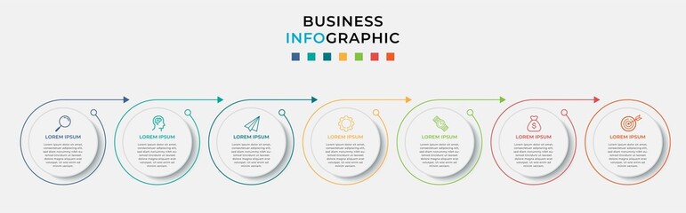 Business Infographic design template Vector with icons and 7 seven options or steps. Can be used for process diagram, presentations, workflow layout, banner, flow chart, info graph