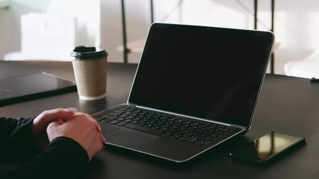 Zoom Webinar. Video Teleconference. Blank Black Laptop Screen Female Hands At Cosy Home Office. Virtual Corporate Group Meeting. Online Conference. COVID-19 Pandemic. Social Distancing.