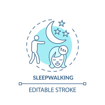 Sleepwalking turquoise concept icon. Somnambulism symptom. Walk in dream. Healthcare problem. Sleep disorder idea thin line illustration. Vector isolated outline RGB color drawing. Editable stroke