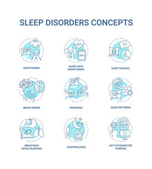 Fototapeta na wymiar Sleep disorder turquoise concept icons set. Nightmares and night terrors. Heart rate monitor. Health problem idea thin line RGB color illustrations. Vector isolated outline drawings. Editable stroke