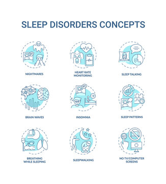 Sleep disorder turquoise concept icons set. Nightmares and night terrors. Heart rate monitor. Health problem idea thin line RGB color illustrations. Vector isolated outline drawings. Editable stroke