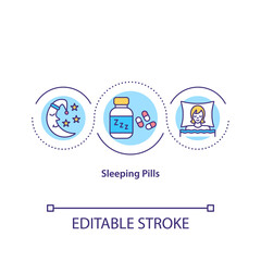 Sleeping pills concept icon. Insomnia medical treatment idea thin line illustration. Pharmaceutical prescription for sleeplessness. Vector isolated outline RGB color drawing. Editable stroke