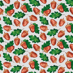 Seamless pattern acorns with leaves isolated on grey