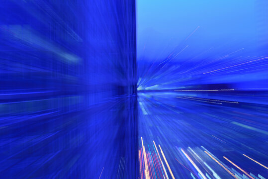 Motion Blurred Lights At Dusk, Abstract Blue Image