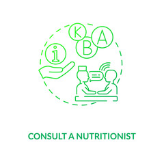 Consultation with nutritionist concept icon. Adequate vitamins intake idea thin line illustration. Developing meal plans. Consultant dietitians. Vector isolated outline RGB color drawing.