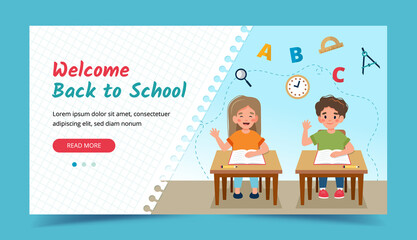 Children in class at desks, back to school concept. Banner or landing page template. illustration in flat style