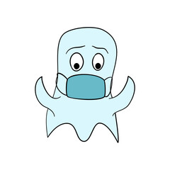 Funny ghost mascot with covid face mask. Crazy drawing of a blue halloween spirit character in coronavirus style.