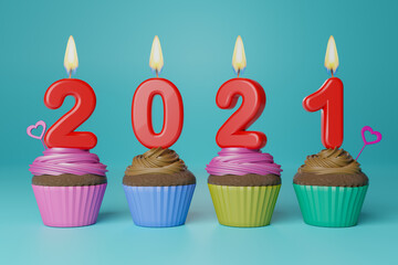 Cup Cakes with 2021 candles on isolated colorful background. Happy New Year theme. 3D Illustration