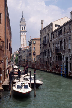 The leaning campanile of San Giorgio dei Greci in Venice