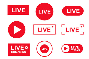 Live stream icons. Red live broadcasting symbols. Online video or news. Vector elements set