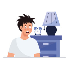 man cartoon with insomnia in front of furniture with lamp design, sleep and night theme Vector illustration