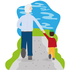 Happy gandparents day card. Boy walking with his grandfather - Vector