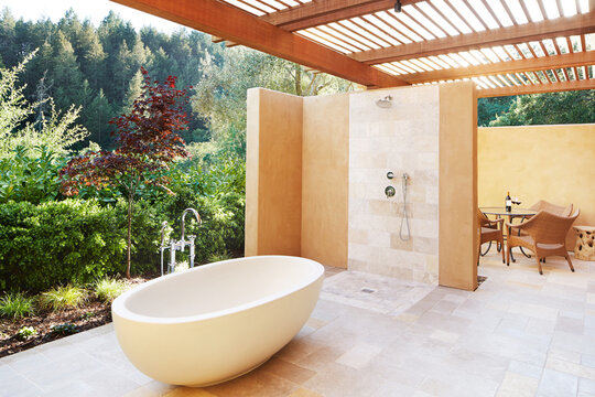 Luxury resort room with outdoor bathtub in California