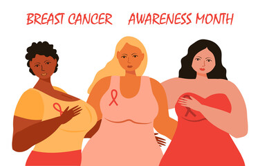 Breast cancer awareness month concept vector. Girls of different race support each other. Pink ribbons om the dresses are shown.