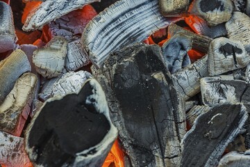 Magic close up view of smouldering coals. Beautiful backgrounds.