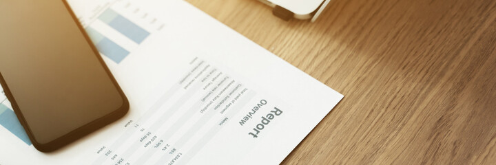 Obraz premium Business office desk background, Banner size.