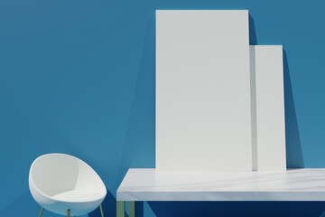 Mockup of blank frame with copyspace for poster,artwork,advertising in minimal room in 3d illustration