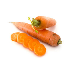 Fresh ripe carrots on a white background.