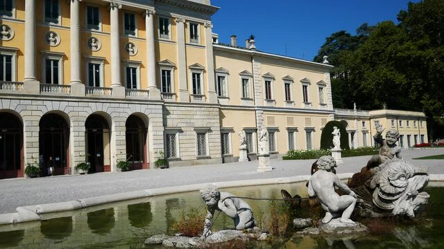 The famous building on the shore of Lake Como called Villa Olmo, with its beautiful fountain