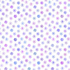Hand drawn doodle seamless pattern with blue and purple snowflakes