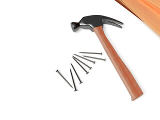 Hammer, nails and wooden boards. 3D rendering