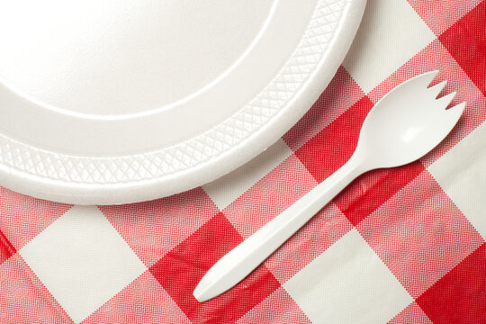 White Spork and Paper Plate on Plaid Tablecloth
