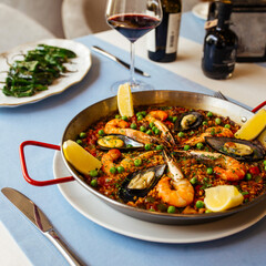 Spanish rice dish paella with seafood in a pan