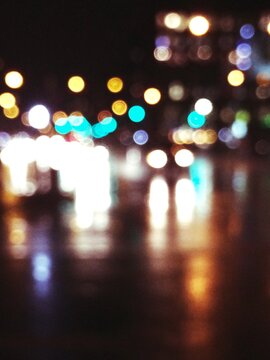 Blurred colorful bokeh lights on New York City streets at night
