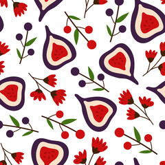 Autumn fall vector seamless pattern. Ripe figs, flowers, berries. Harvesting. Isolated design elements. Seasonal background for wallpaper, wrapping paper, textile, scrapbooking. Flat cartoon design.