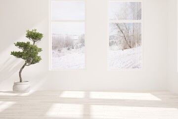 Mock up of empty room in white color with winter landscape in window. Scandinavian interior design. 3D illustration