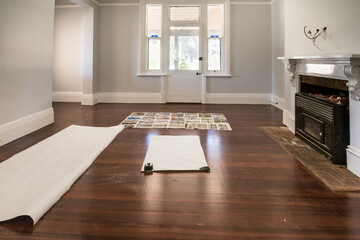 home interior, empty room with templates for couches laid out