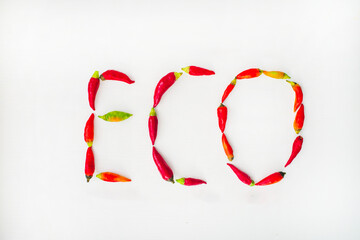 concept of eco lifestyle presented the word made from red chili peppers on the white background 