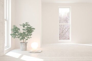 Mock up of empty room in white color with winter landscape in window. Scandinavian interior design. 3D illustration