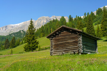 Mountain landscape along the road to Campolongo pass, Dolomites