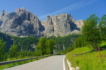 Mountain landscape along the road to Gardena pass, Dolomites