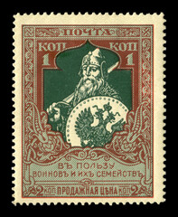Russian historical postal charity stamp: medieval warrior with sword and shield with a double-headed eagle, one kopeck, Russian Empire, 1914-1915
