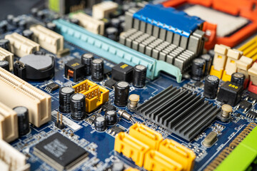 E-waste electronic, computer circuit cpu chip mainboard core processor electronics device, concept of data, hardware, technician and technology.