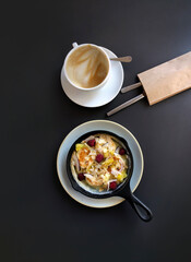 Pan top view dessert coffee latte cappuccino cup berries cheesecake pancake dutch